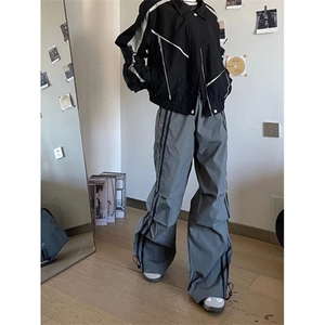 DWK73-P45美式复古条纹褶皱工装裤潮直筒宽松休闲裤子-网图现货图片