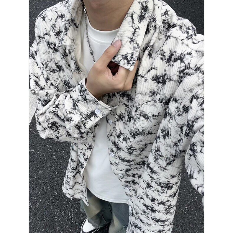 水墨扎染衬衫男款春秋季潮牌痞帅高级感青少年灯芯绒长袖衬衣外套,男装衬衫,电商A007