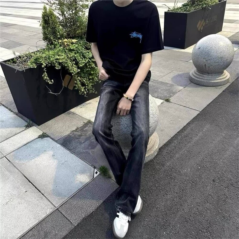 W11065-P48网图现货春季新款美式高街复古水洗黑灰色弹力牛仔裤,男装牛仔裤,星座1608