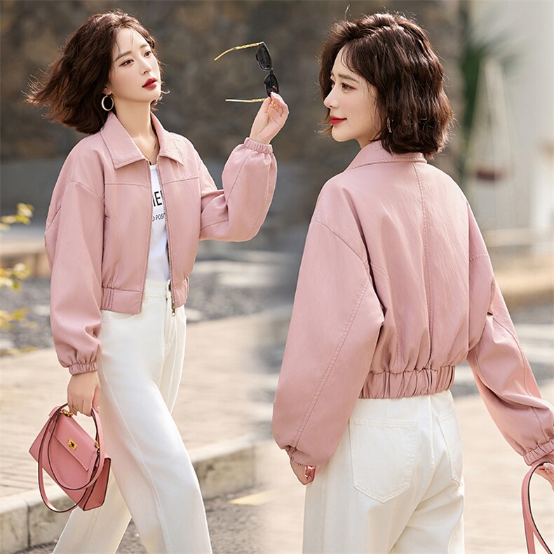 粉色短款皮衣外套女秋秋新款韩版高级感气质休闲百搭PU皮夹克上衣，女装皮衣，臻衣坊