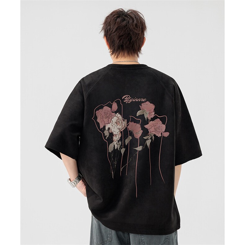 新款美式潮流麂皮绒短袖t恤大码宽松港风情侣半袖上衣H9927-P28,男装T恤,电商B295