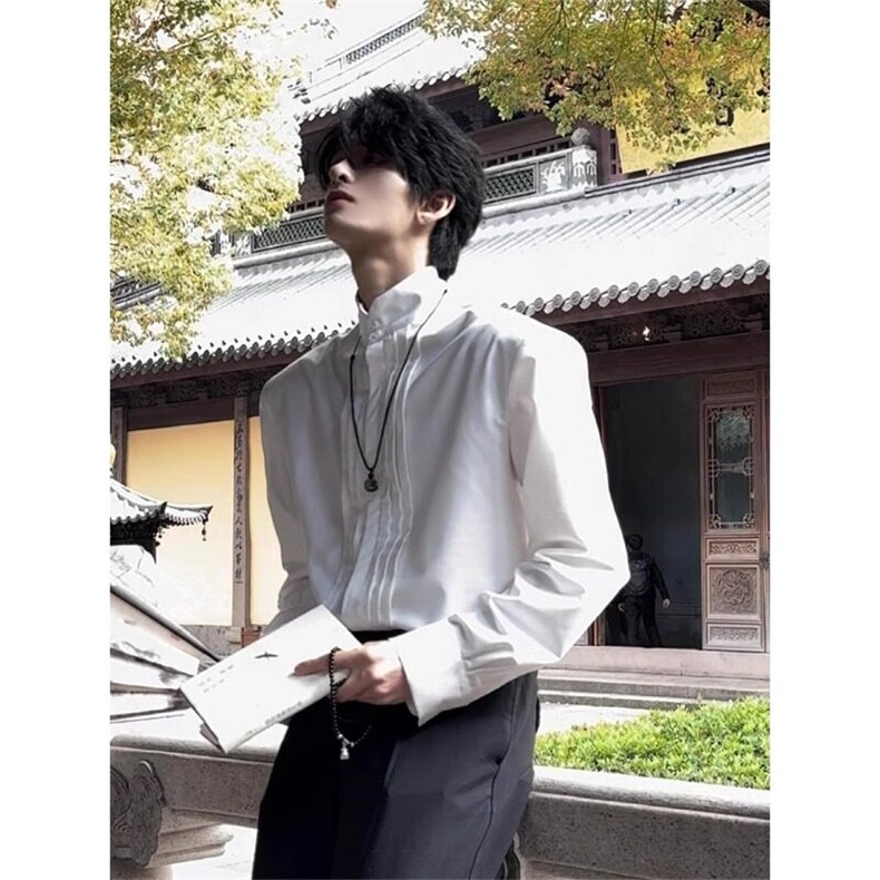 新中式国风宫廷垫肩衬衫男早秋cleanfit廓形褶皱立领汉服长袖衬衣图片