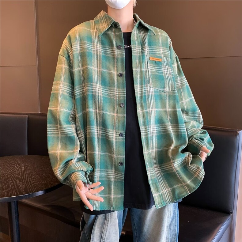 秋季扎染格子衬衫男女款复古美式宽松长袖衬衣情侣外套CS550-p35,男装衬衫,星座302B