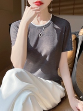 春秋短袖高档新款简约圆领薄款打底衫女t恤针织上衣，女装针织衫/毛衣，绒宛羊绒