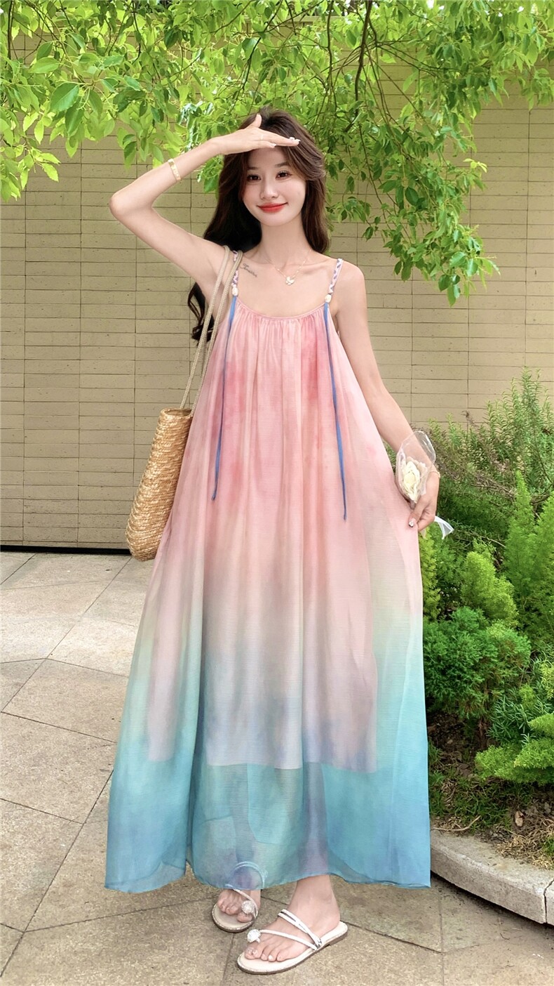 粉色网纱渐变吊带连衣裙披肩两件套女夏季巨好看度假风小众套装,女装连衣裙,2C267