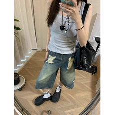 复古做旧破洞牛仔七分裤女夏季高街高腰宽松直筒阔腿裤L30011-P43，男装牛仔裤，星座1008