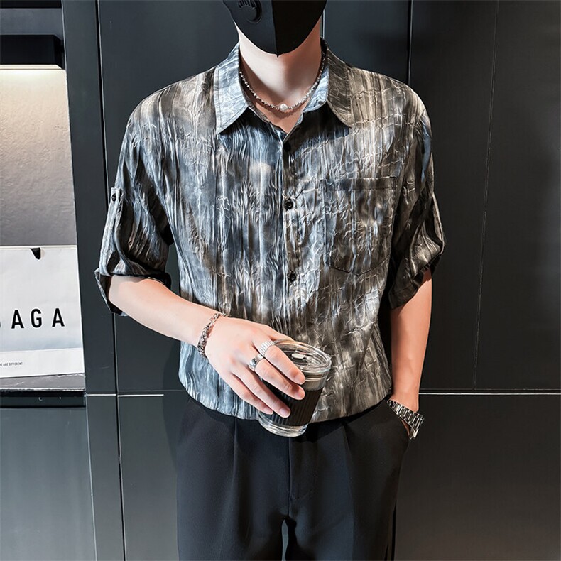 小伙夏季男士七分袖扎染衬衫男休闲宽松衬衣A236-0853-特P35,男装衬衫,电商A236