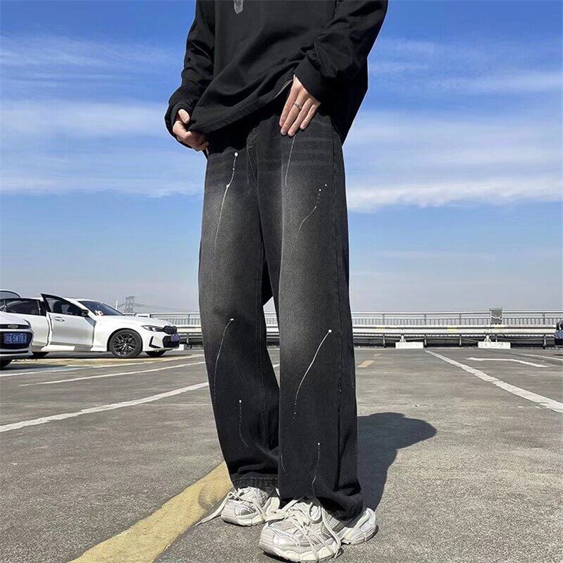 DY9142-P46美式复古黑色牛仔裤男潮牌泼墨宽松阔腿直筒裤子男生,男装牛仔裤,星座603-2