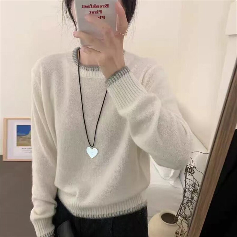 圆领毛衣女内搭简约气质长袖宽松针织打底衫，女装针织衫/毛衣，忠诺羊绒