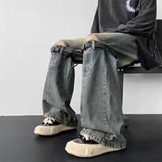 夏季新款设计感休闲百搭长裤小众复古做旧破洞牛仔裤男K7169-P60，男装休闲裤，星座512-4