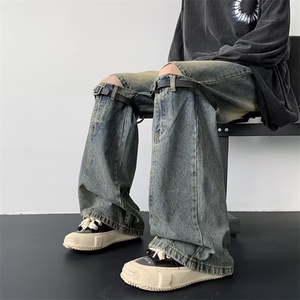 夏季新款设计感休闲百搭长裤小众复古做旧破洞牛仔裤男 K7169-P60图片
