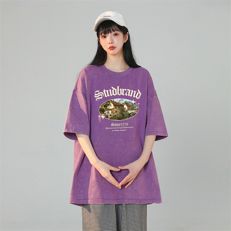 230G水洗做旧蜡染美式夏季短袖潮流印花T恤2024新款夏装女装，女装T恤，电商C306-1