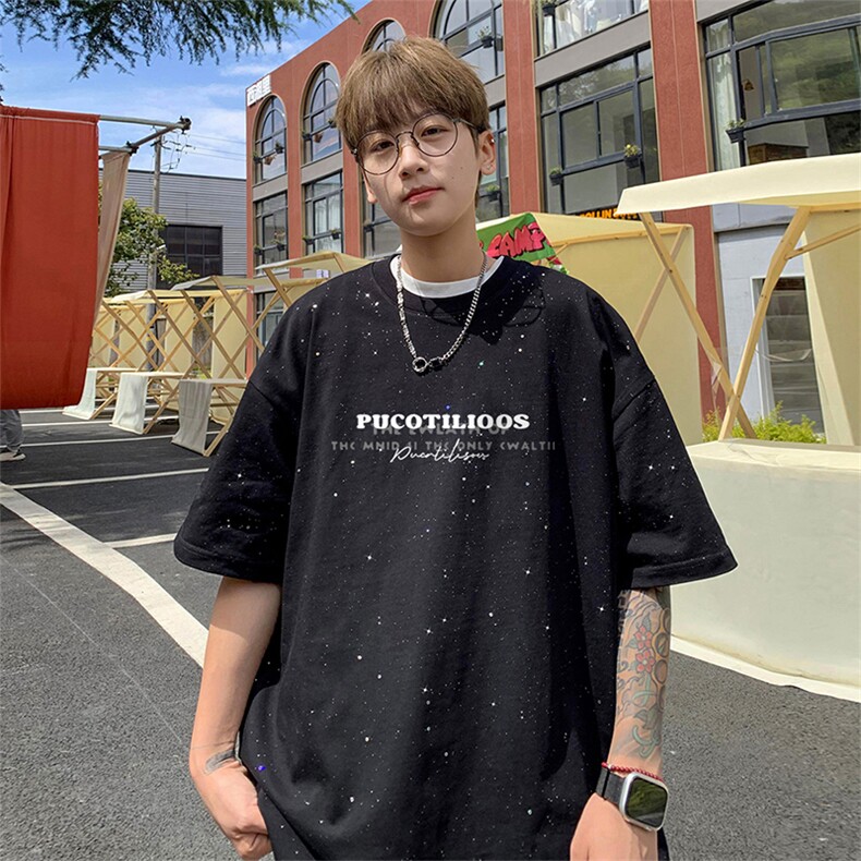 可48小时发货支持抖音得物来样二开美式满天星亮片短袖T恤MTX707，男装T恤，电商A486