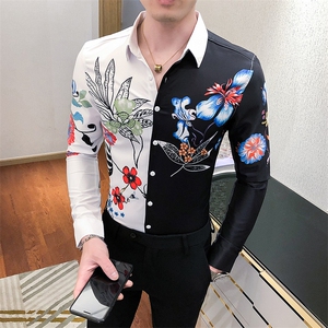 2021春秋男衬衫英伦长袖上衣印花男装韩版修身四季潮流衬衣H608-P55图片