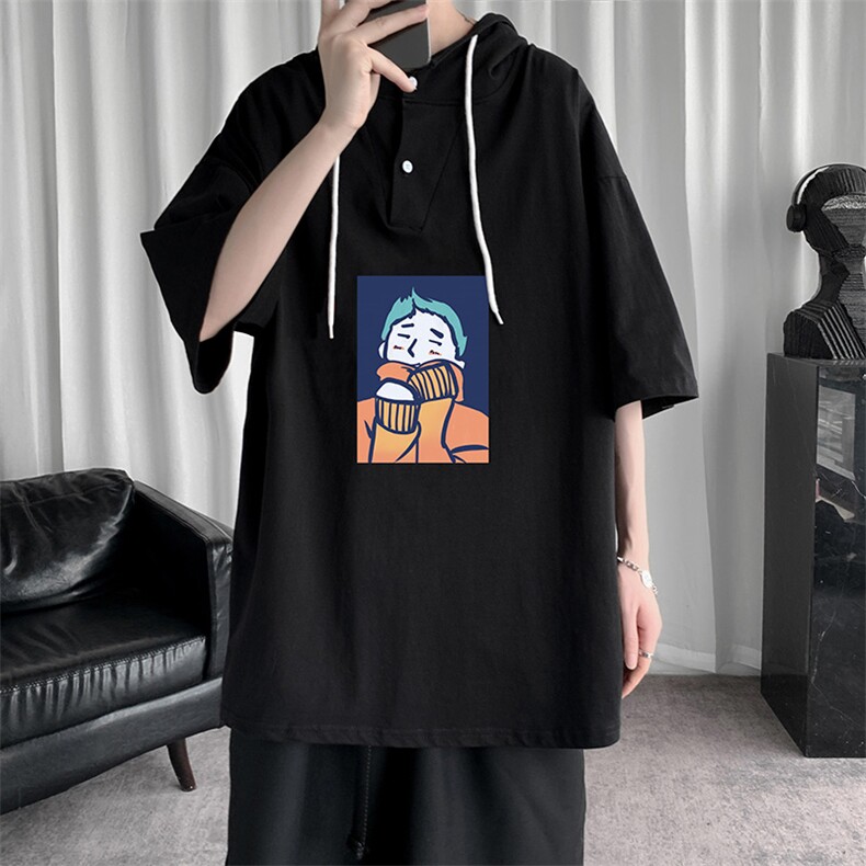 LD54042-P45连帽短袖t恤男大码胖子带帽五分袖中袖,男装T恤,电商A040