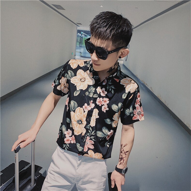 夏季韩版修身旅游花衬衫社会小伙网红短袖衬衣潮男C301B-CS25图片
