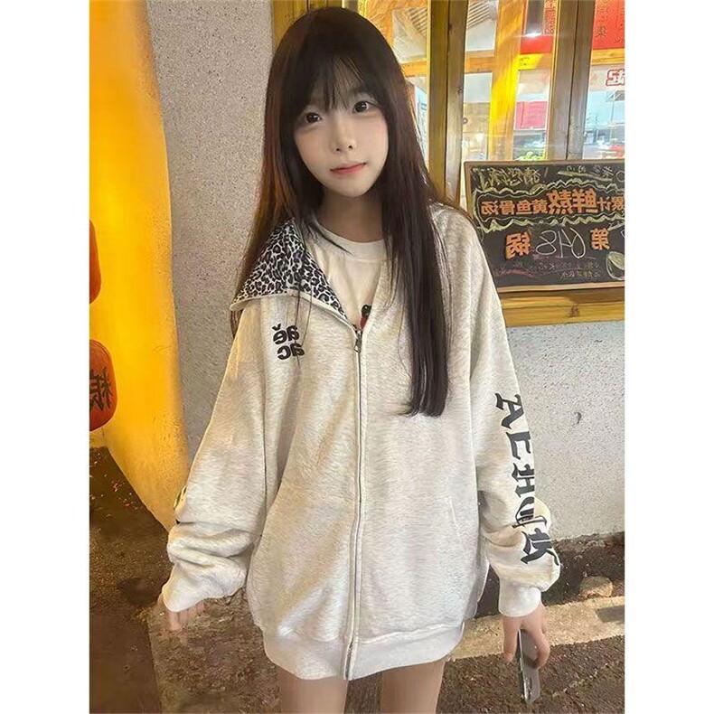 1605-1/W90421/P55美式潮牌梵文印花豹纹连帽卫衣外套女秋冬新图片