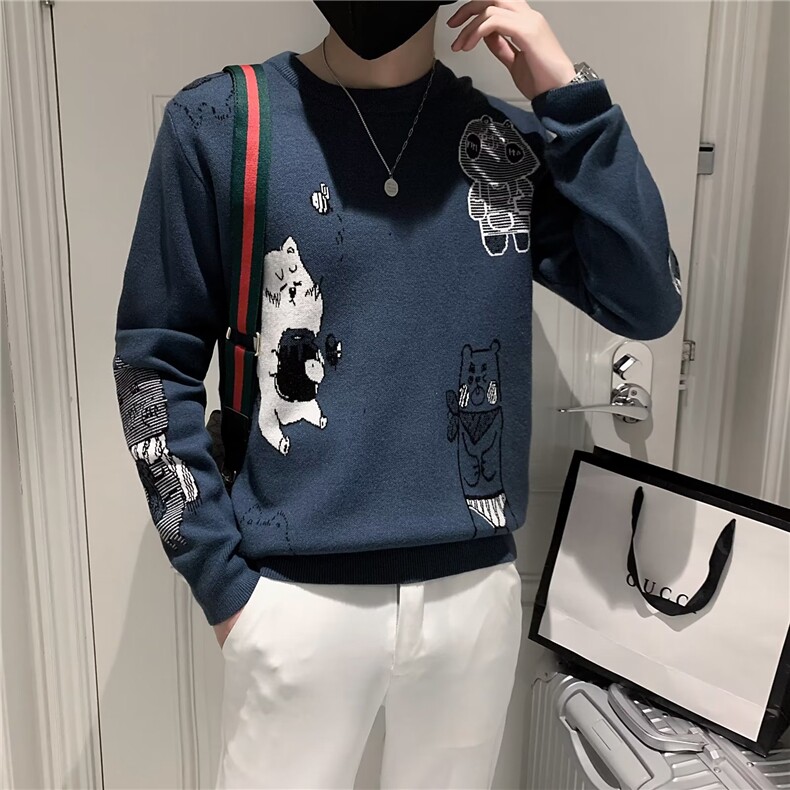 男士圆领卡通套头针织衫毛衣青少年韩版修身毛线冬天保暖线衣S220图片