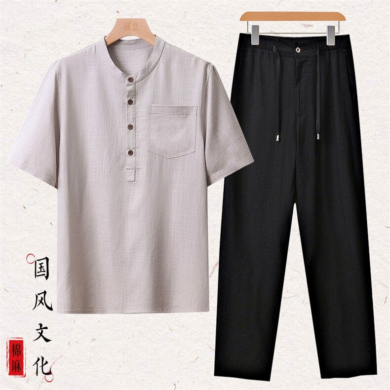主推！棉麻套装2023新款夏季风亚麻短袖T恤休闲长裤套装图片