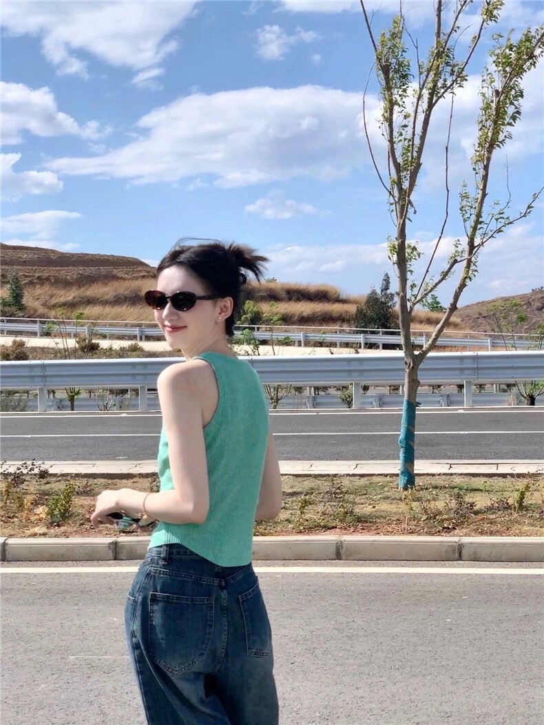 法式小清新绿色无袖吊带背心女夏季短款甜辣,女装背心吊带,沐策羊绒