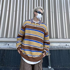 秋季撞色条纹polo领毛衣男日系慵懒风休闲套头毛线衣M5686/P58，男装针织衫/毛衣，星座506