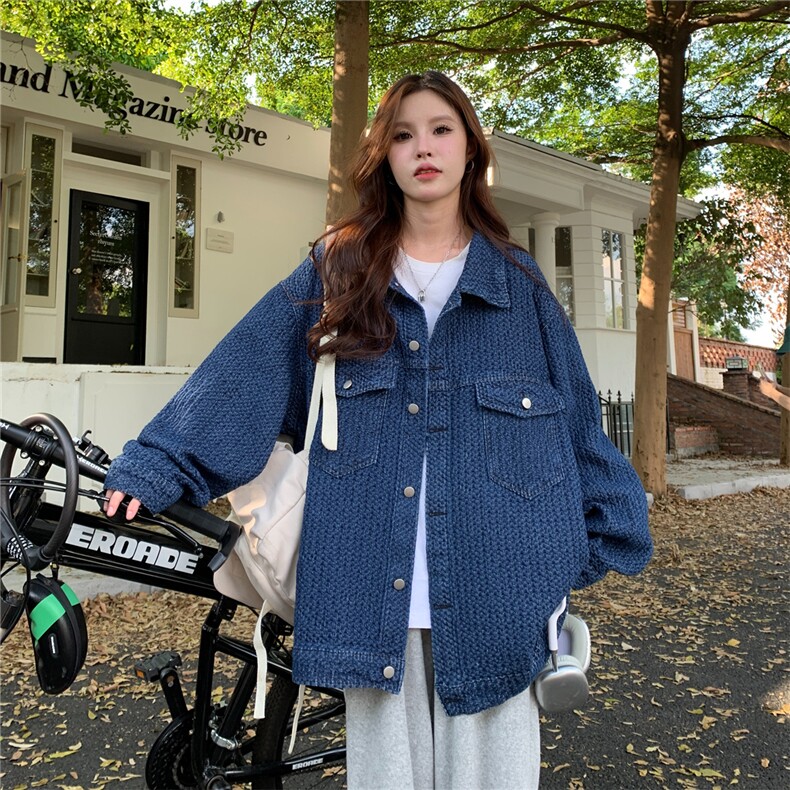A152-P75 编织风格牛仔衣慵懒风宽松中长外套男女情侣帅气夹克图片