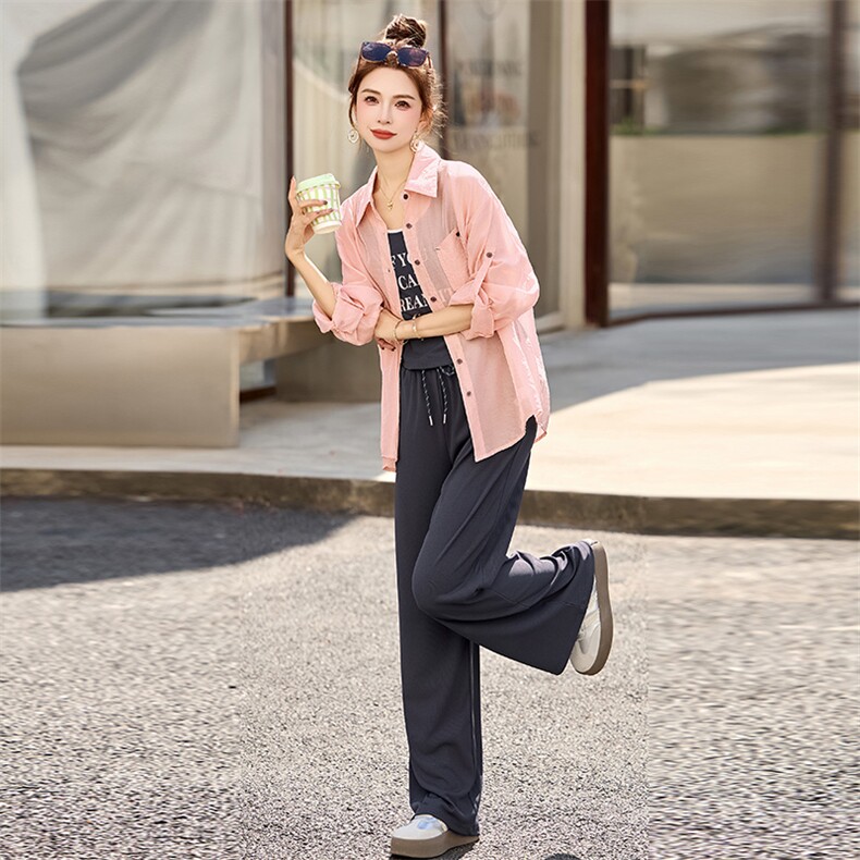 时尚休闲松弛感套装女2025春夏新款宽松百搭衬衫背心阔腿裤三件套,女装套装/套裙,木子恋