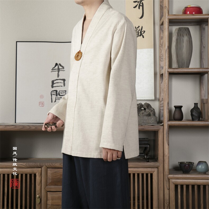 2025秋冬新款风男装棉麻加绒加厚男士汉服领长袖衬衫C012P85,男装衬衫,钱塘802