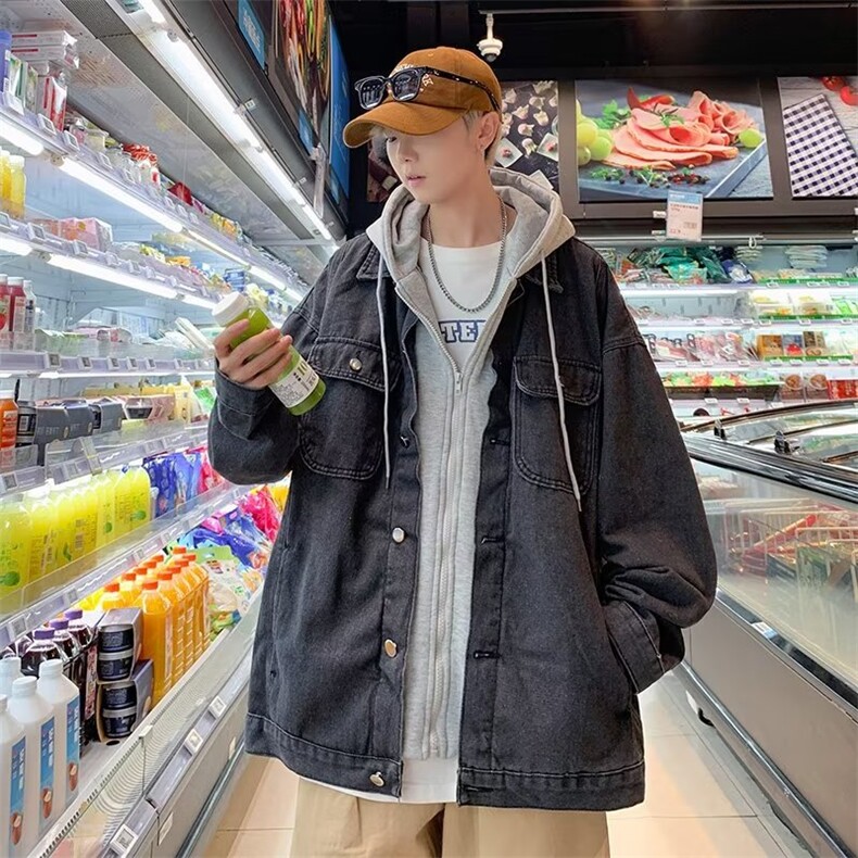 痞帅牛仔夹克男春秋潮牌ins连帽宽松百搭外套假两件上衣20600-p70,男装夹克,星座1008