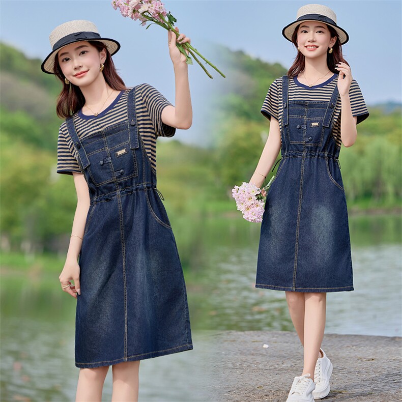 现货，夏季条纹假两件牛仔连衣裙，女装连衣裙，利佳可人