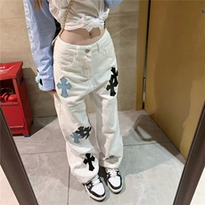 重工十字架刺绣高腰直筒牛仔裤女2025新款设计感宽松拖地阔腿长裤，男装牛仔裤，星座506A