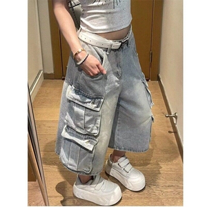 新款美式复古阔腿水洗牛仔七分裤女夏季宽松工装短裤WLN6040-P60图片
