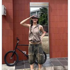 休闲美式复古做旧废土风毛边流苏水洗牛仔短裤男女休闲百搭七分裤，男装牛仔裤，星座506A