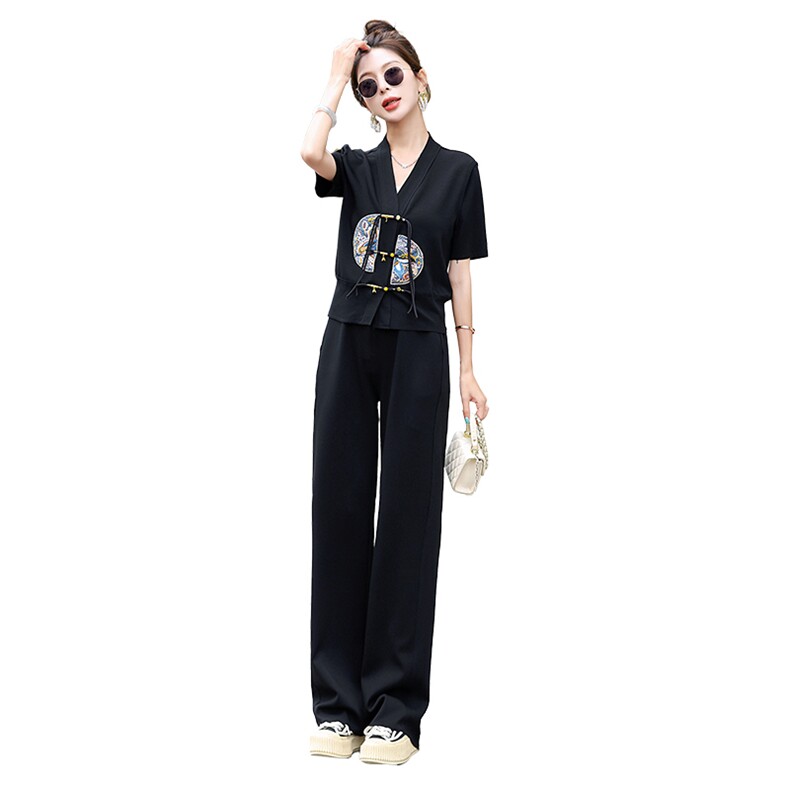 法国Moaks时尚套装女夏新款新中式刺绣小个子真丝两件套潮,女装套装/套裙,半夏