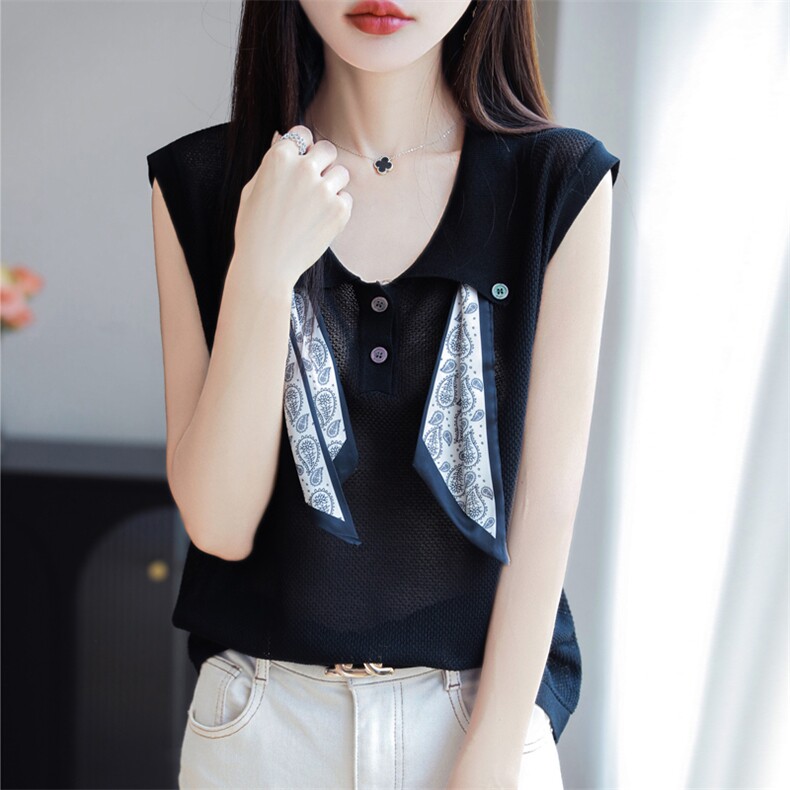 时尚翻领丝巾针织无袖背心上衣女2025夏季新款韩版小众简约T恤衫，女装针织衫/毛衣，源达羊绒