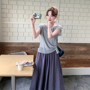 时尚休闲套装女夏季新款简约百搭显瘦针织小衫裙两件套图片
