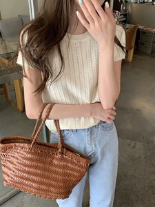 法式麻花镂空薄款天丝短袖针织衫女夏季宽松短款小个子棉麻T恤衫图片