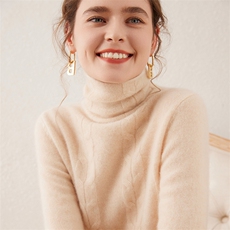 秋冬款软糯感山羊绒衫女堆堆领提花加厚毛衣宽松高领针织打底上衣，女装羊绒衫，轩妮羊绒