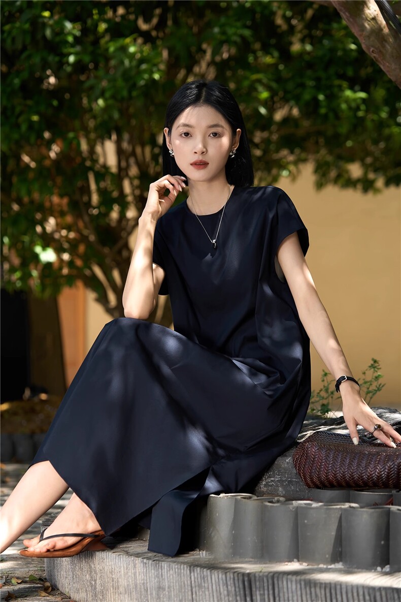 智性优雅法式包袖腰带收腰弹力连衣裙/中长裙25新款,女装连衣裙,梦白服饰厂