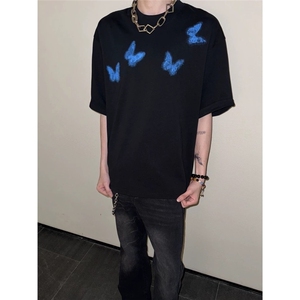 RTID 暗黑系蝴蝶印花短款短袖小众OS宽松欧美boxy纯棉T恤，男装T恤，星座506A