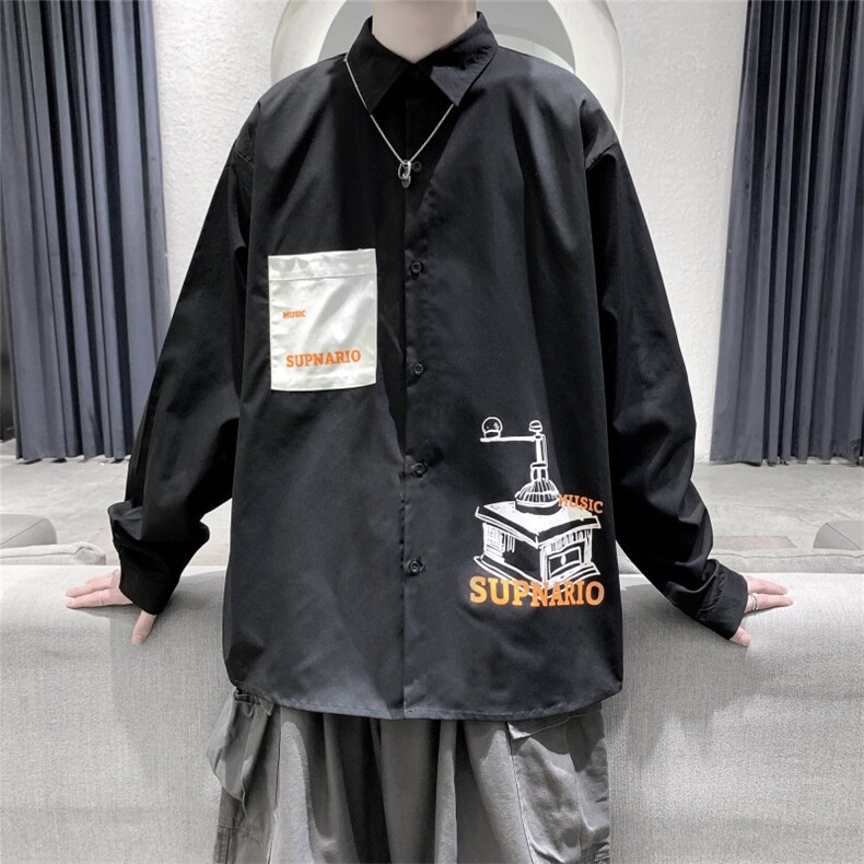 2021春新款个性学院风时尚长袖印花衬衫C035-P45图片