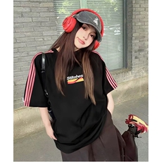 抖音得物品质二开240克宽松纯棉美式潮牌印花三条杠中性风短袖T恤，男装T恤，电商A486-1