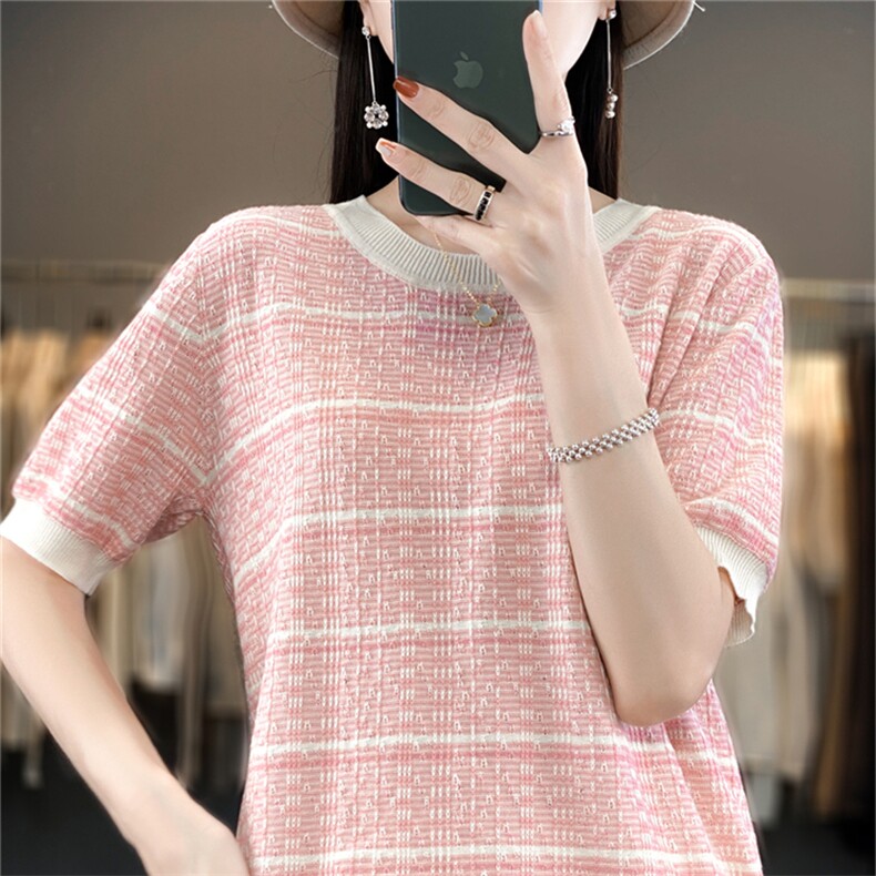 纯棉短袖女夏季新款条纹撞色圆领半袖宽松薄款针织上衣短袖,针织衫/毛衣,斯美雅电商供货