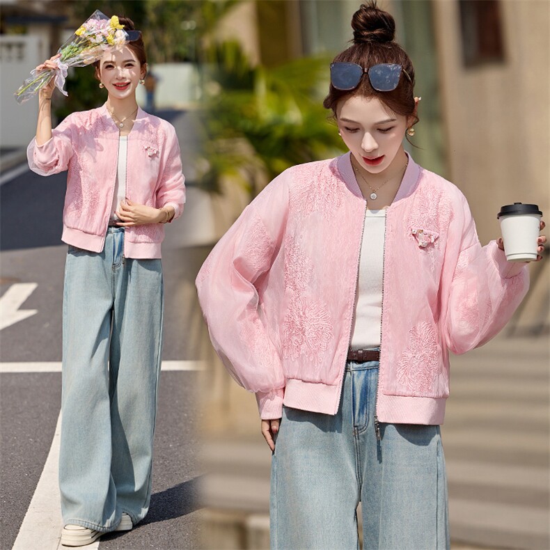 粉色小香风刺绣棒球服外套女2026春夏新款小个子百搭防晒薄款上衣,女装短外套,艾仟回(原伊仟回)