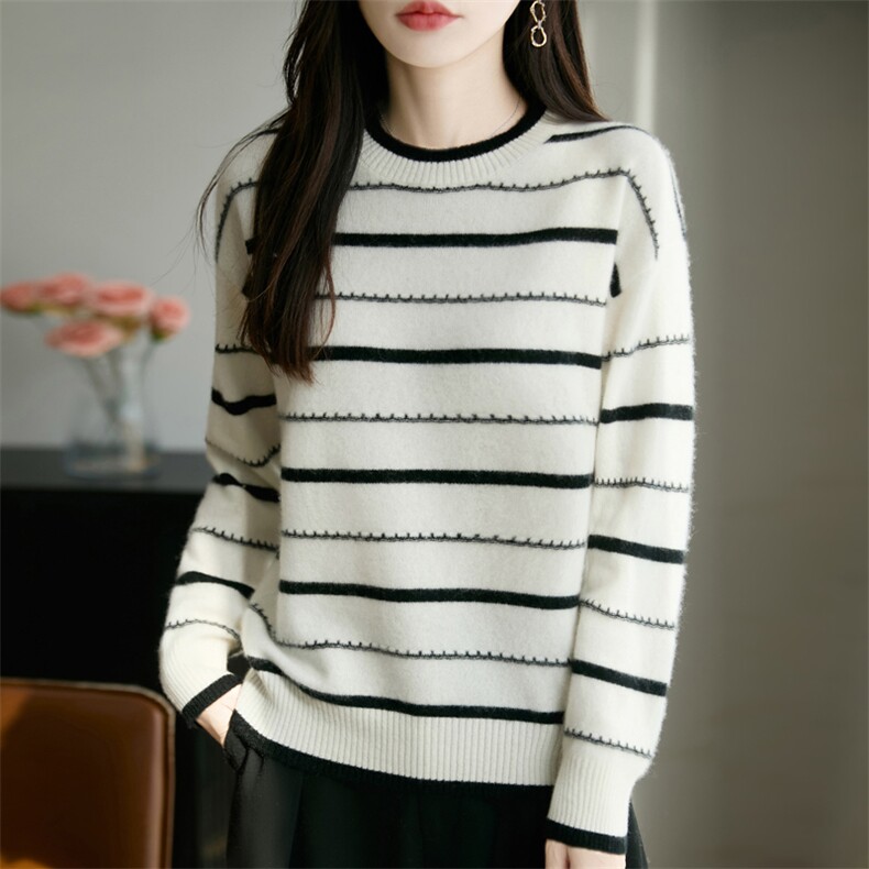 2025年秋季长袖时尚百搭通勤简约休闲圆领条纹，女装羊毛衫，秋双羊绒