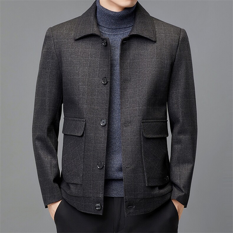 男士加厚保暖上衣冬季新款中年商务休闲翻领毛呢纯色外套男装，男装毛呢大衣，电商B212（原钱塘6029）