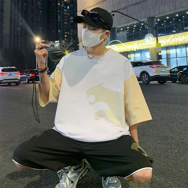 高品质夏季短袖T恤港风套装青少年纯棉潮流宽松男装DF317P65控89,男装休闲套装,电商A086