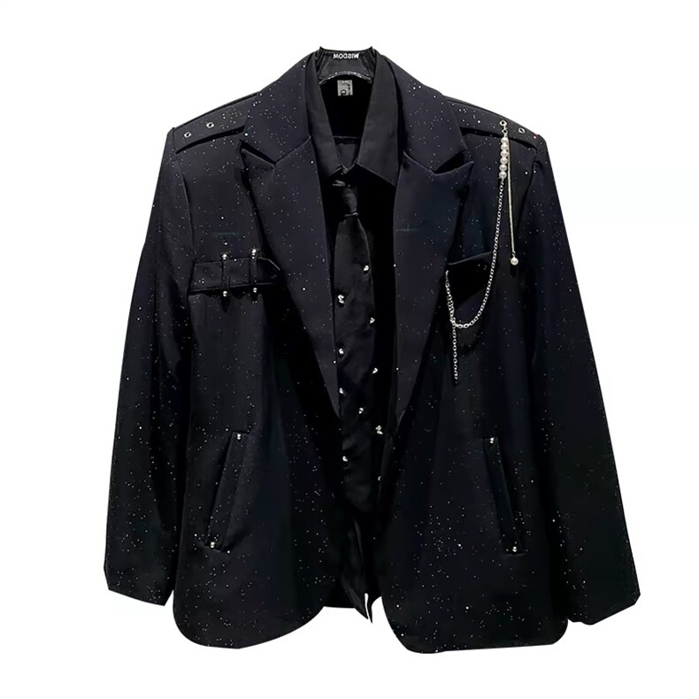 黑色满天星小众珍珠挂链设计高级感新款休闲西装外套男士西服外套，男装西服，星座601-1