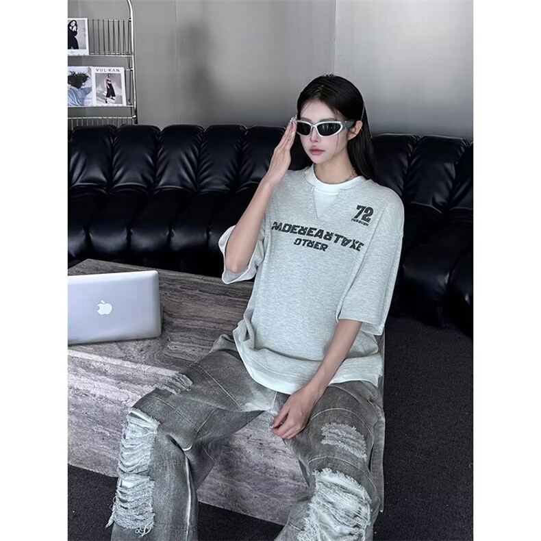 学院风撞色假两件V领短袖T恤男女设计感华夫格宽松美式高街半袖，男装T恤，四季星座505