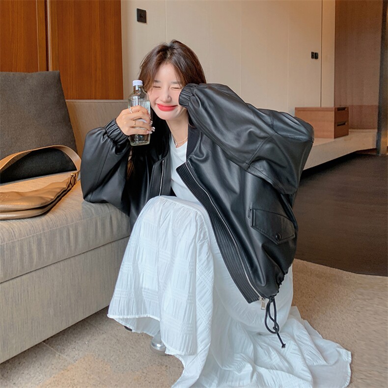 黑色高级感皮衣外套女2025春季新款美式复古宽松休闲小个子机车服，女装皮草，诺蝶